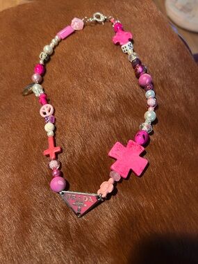 Upcycle Prada Pink triangle Logo Mixed-Bead necklace
